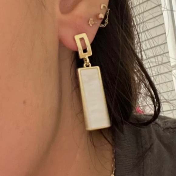 Geometric Rectangular White & Gold Drop Earrings | Minimalist Statement Jewelry - Picture 4 of 16